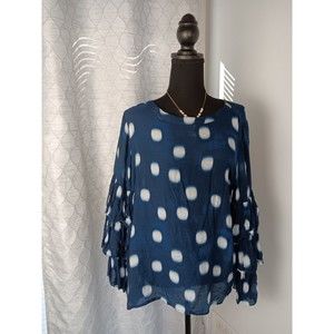 Chico's Blouse Women's 2 Large Tier Blue Polka Dots Pleated Ruffle Sleeves